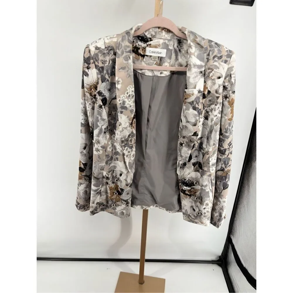Calvin Klein Floral Print Open Front Blazer Women's Size 14 Gray White Black - Picture 6 of 13